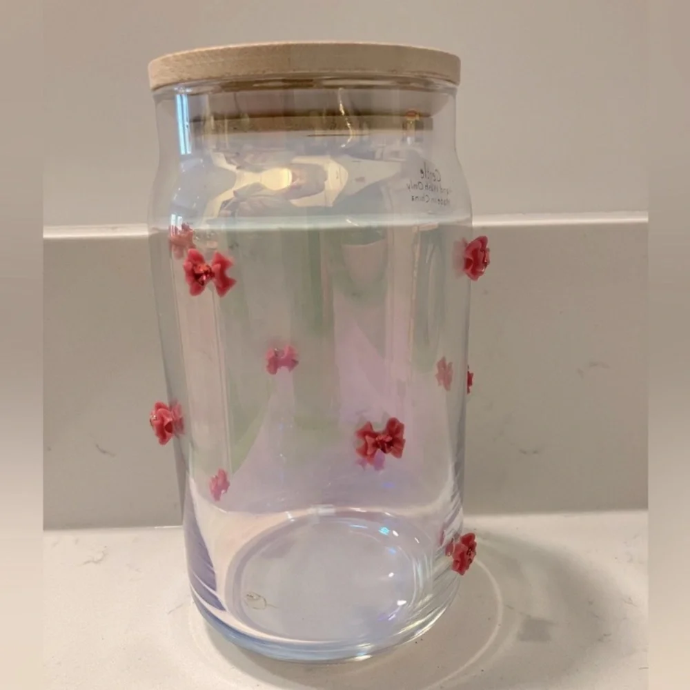 Pink Bow Glass Tumbler Cup Coquette Aesthetic Wooden Lid Handcrafted NWOT